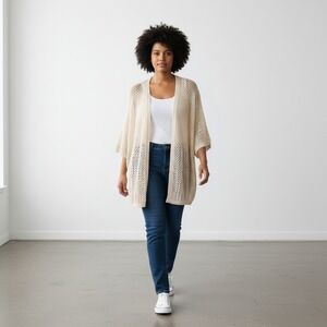 Mine Too Women's Oatmeal Boxy Open Honeycomb Knit Oversized Cardigan Size‎ 2XL